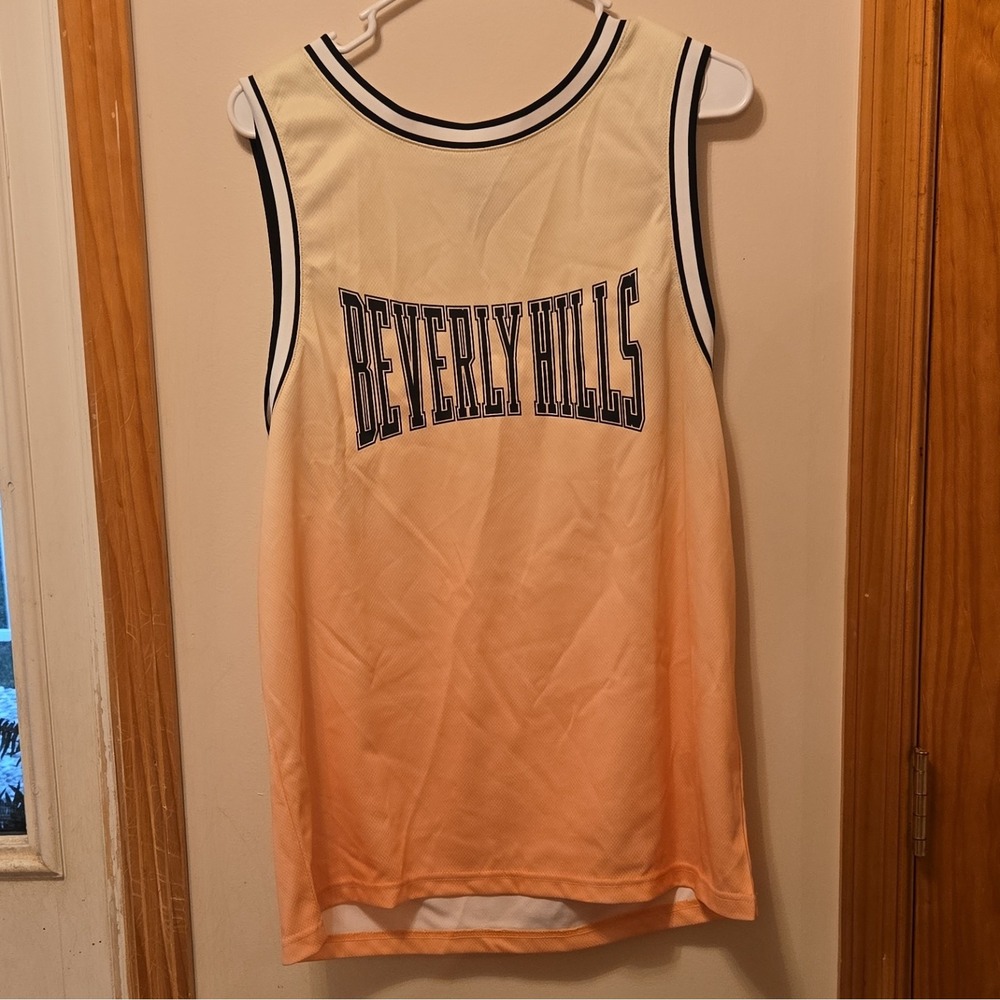 H&M Men's S Relaxed Fit Basketball Jersey Tank White/Orange Beverly Hills Logo